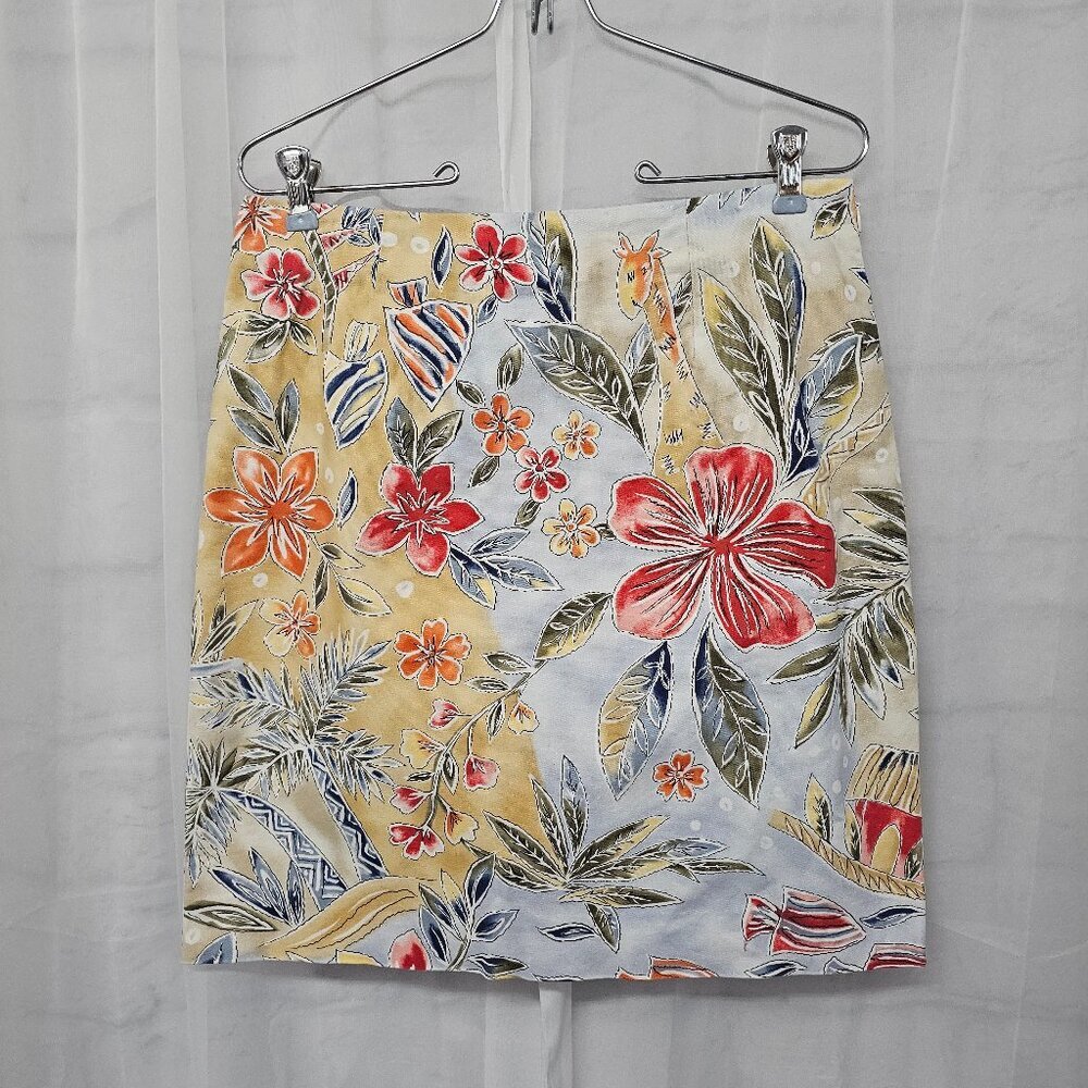 Vintage Talbots Skirt Floral Giraffe Elephant Tropical Mini Beach Blue 10P